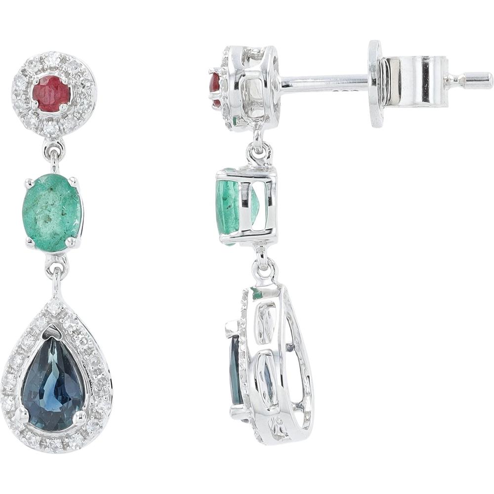 14K White Gold Ruby, Emerald & Sapphire Drop Earrings with Diamond Accents - 0.85 Carats Total Gemstone Weight