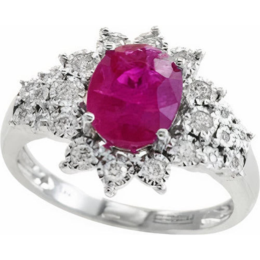 14K White Gold Ruby Halo Ring with 1.90 Carats Ruby and 0.28 Carats Total Diamond Weight