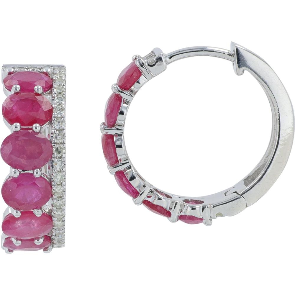 14K White Gold Ruby Hoop Earrings with Prong Set Diamonds - 2.50 Carat Total Ruby Weight, 0.25 Carat Total Diamond Weight