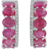 14K White Gold Ruby Hoop Earrings with Prong Set Diamonds - 2.50 Carat Total Ruby Weight, 0.25 Carat Total Diamond Weight