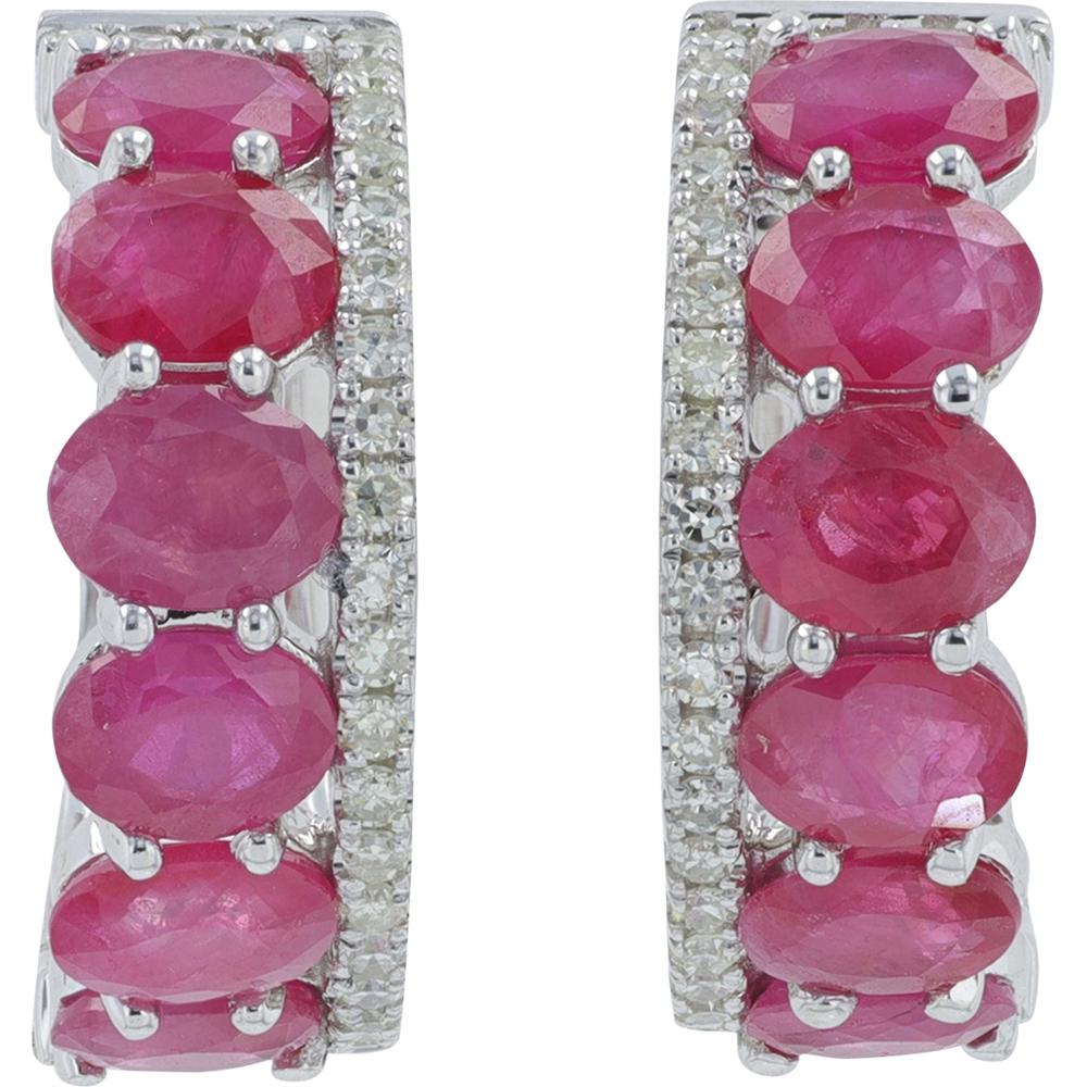 14K White Gold Ruby Hoop Earrings with Prong Set Diamonds - 2.50 Carat Total Ruby Weight, 0.25 Carat Total Diamond Weight