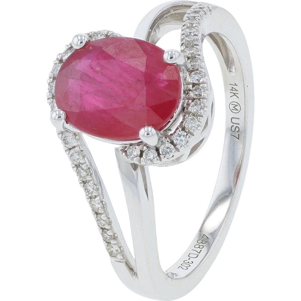 14K White Gold Ruby Ring with Diamond Accents - 1.77 Carat Ruby & 0.17 Carat Diamond Total Weight