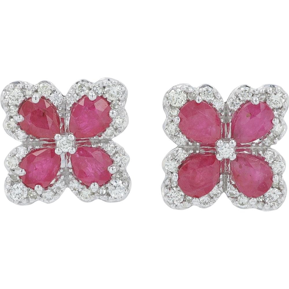 14K White Gold Ruby Stud Earrings with Diamond Halo - 1.60 Carat Total Ruby Weight, 0.34 Carat Total Diamond Weight