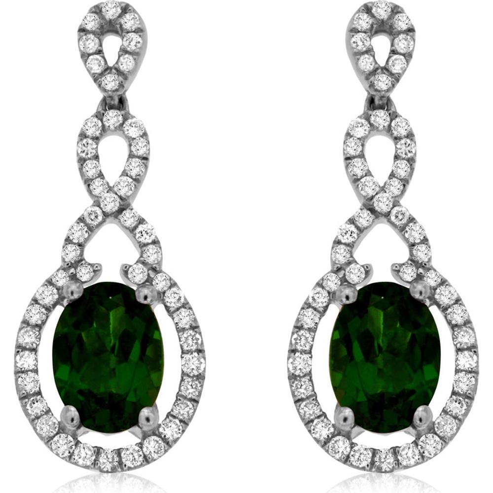 14K White Gold Russalite & Diamond Drop Earrings with Oval-Shaped Green Russalite Stones and Diamond Halo - 2.80 Carats Total Gem Weight