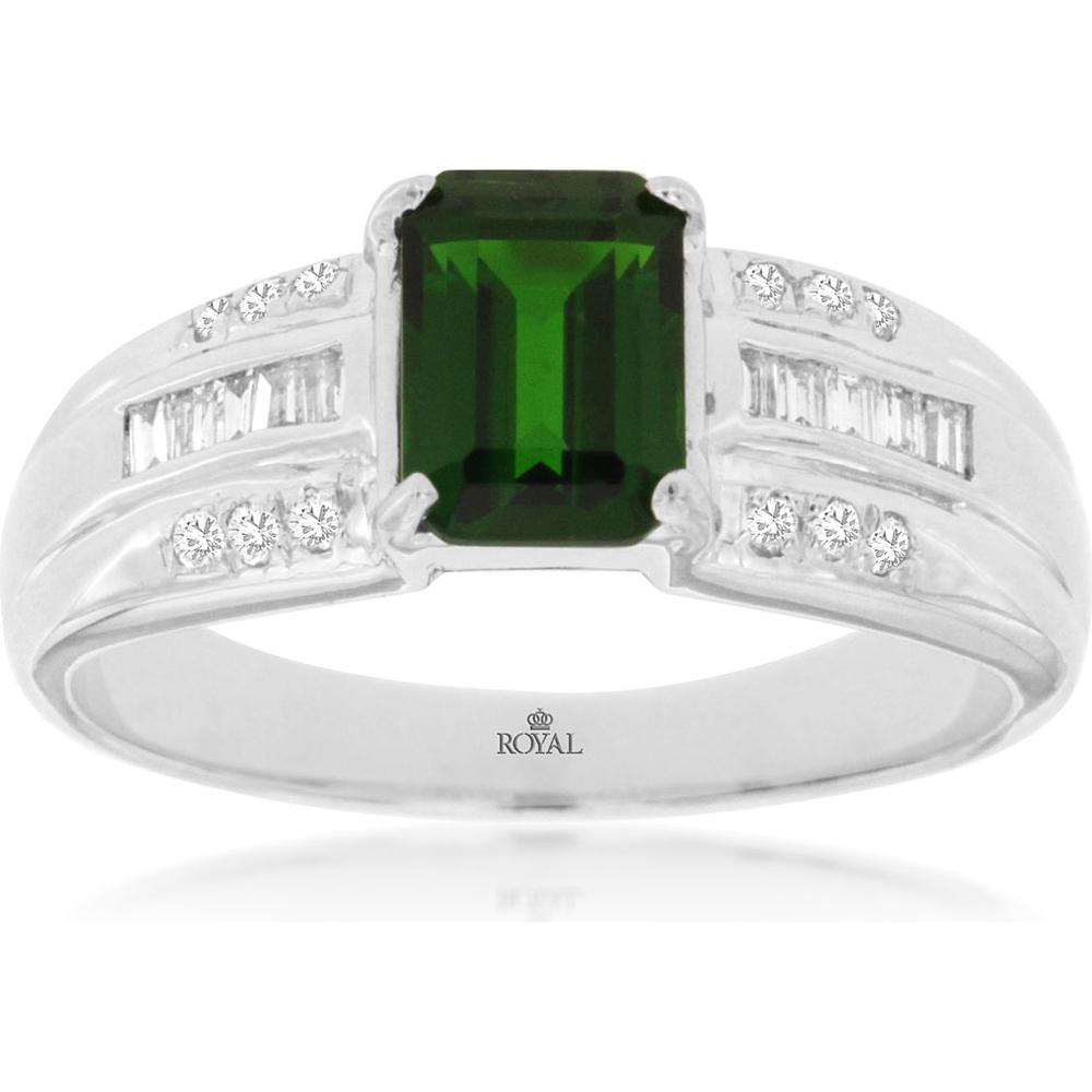 14K White Gold Russalite & Diamond Ring with Emerald Cut Green Russalite - 1.26 Carats Total Weight