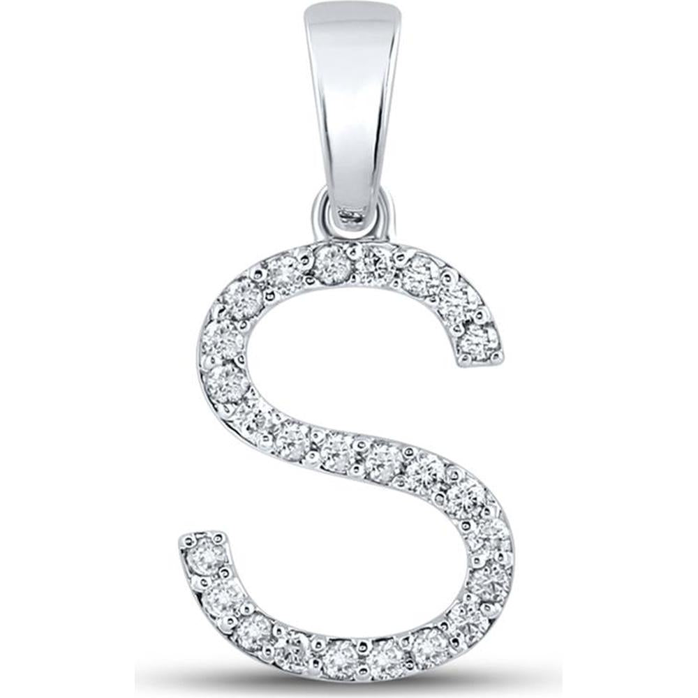 14K White Gold S Initial Pendant with Prong-Set Round Diamonds - 1/5 Carat Total Diamond Weight