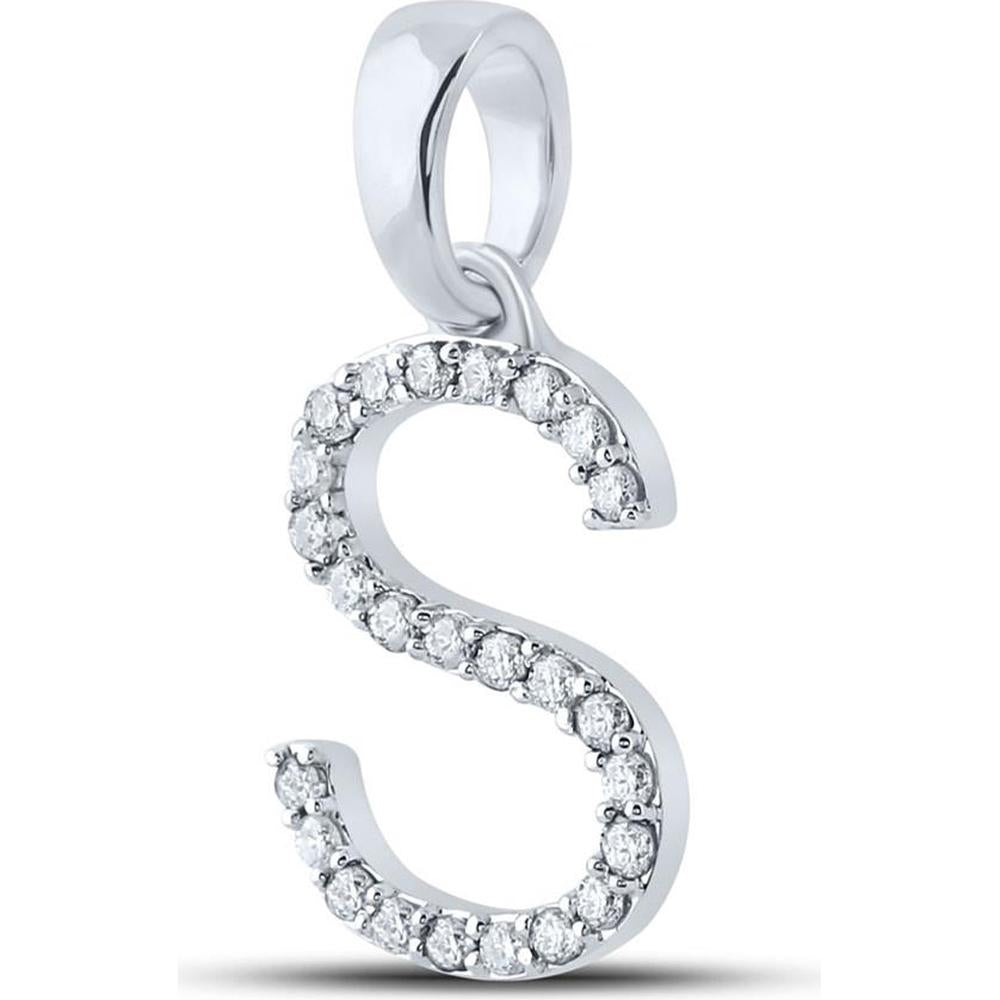 14K White Gold S Initial Pendant with Prong-Set Round Diamonds - 1/5 Carat Total Diamond Weight