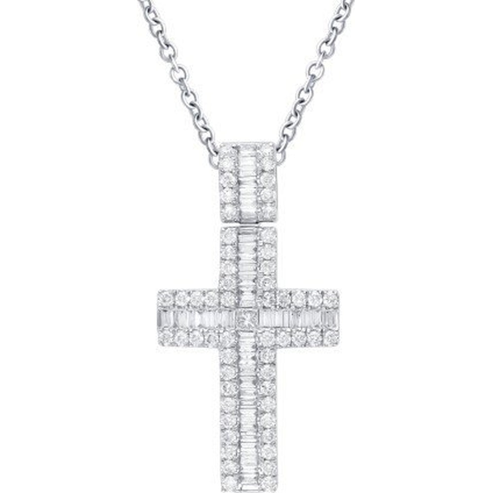 14K White Gold Sacred Cross Pendant with Baguette and Round Diamonds - 0.83 Carat Total Diamond Weight by Auriventus