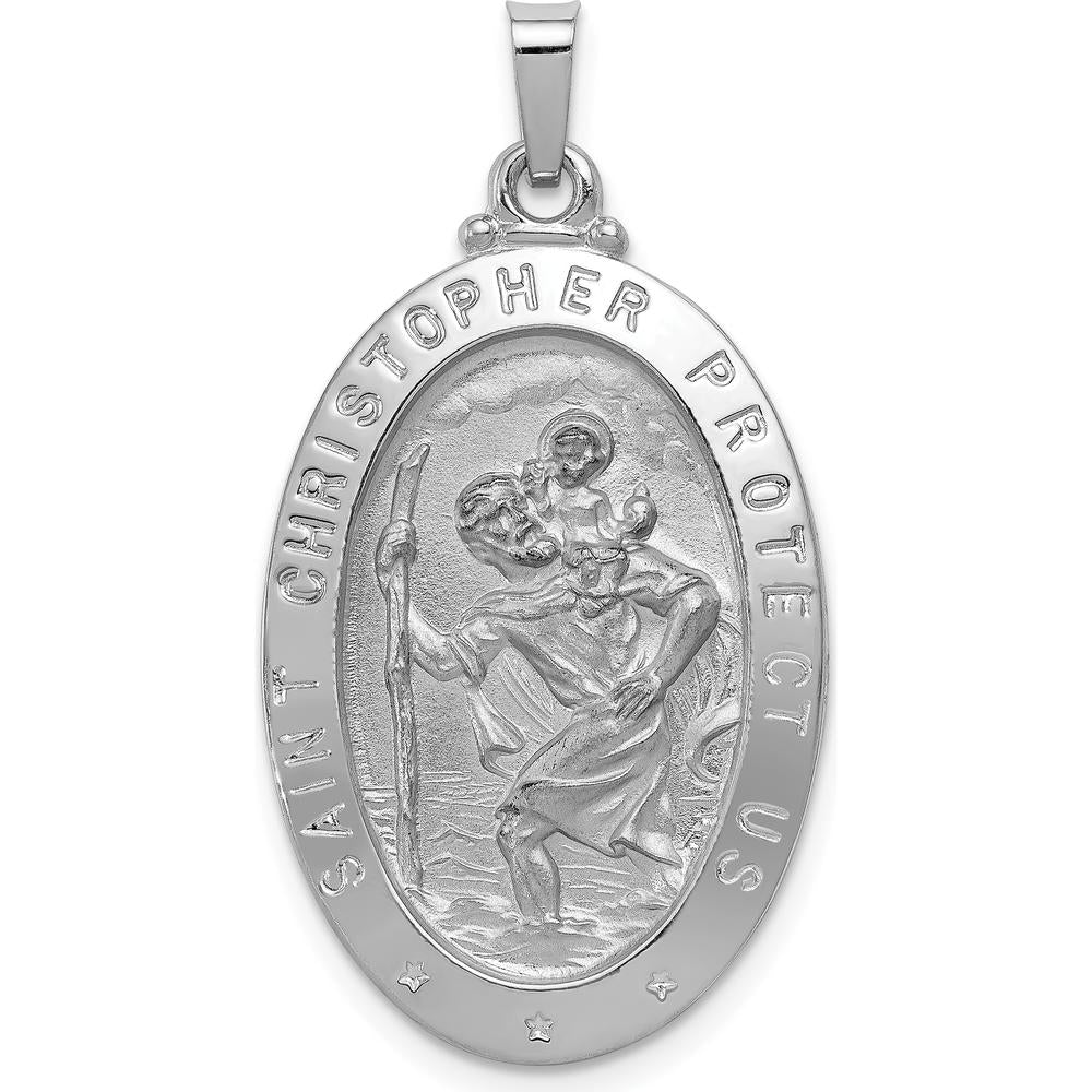 14K White Gold Saint Christopher Medal Oval Pendant - Polished and Satin Finish by Oro Pregiato