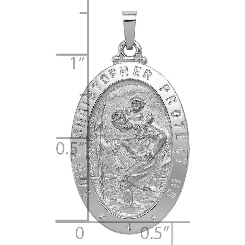 14K White Gold Saint Christopher Medal Oval Pendant - Polished and Satin Finish by Oro Pregiato