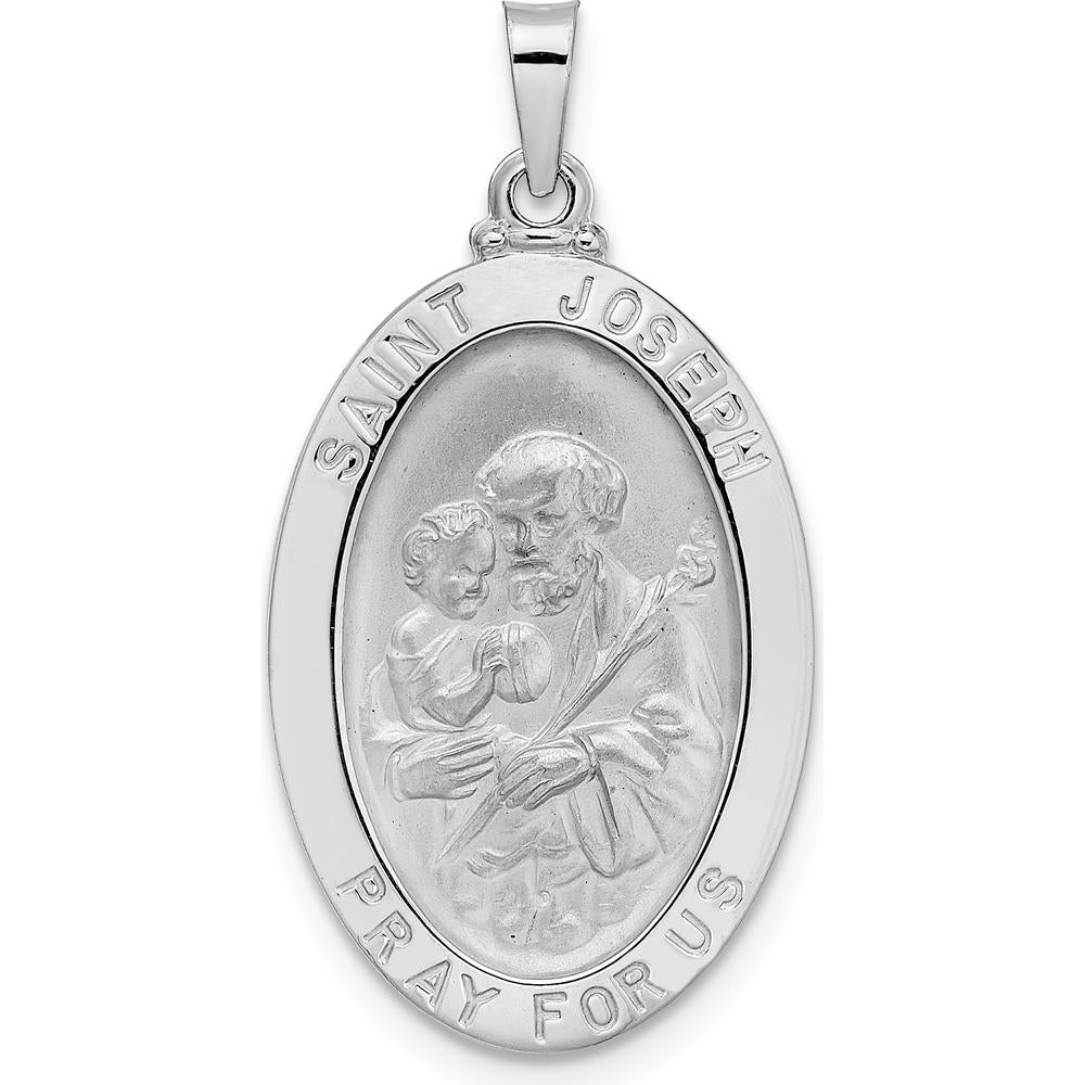 14K White Gold Saint Joseph Oval Medal Pendant with Polished and Satin Finish by Oro Pregiato