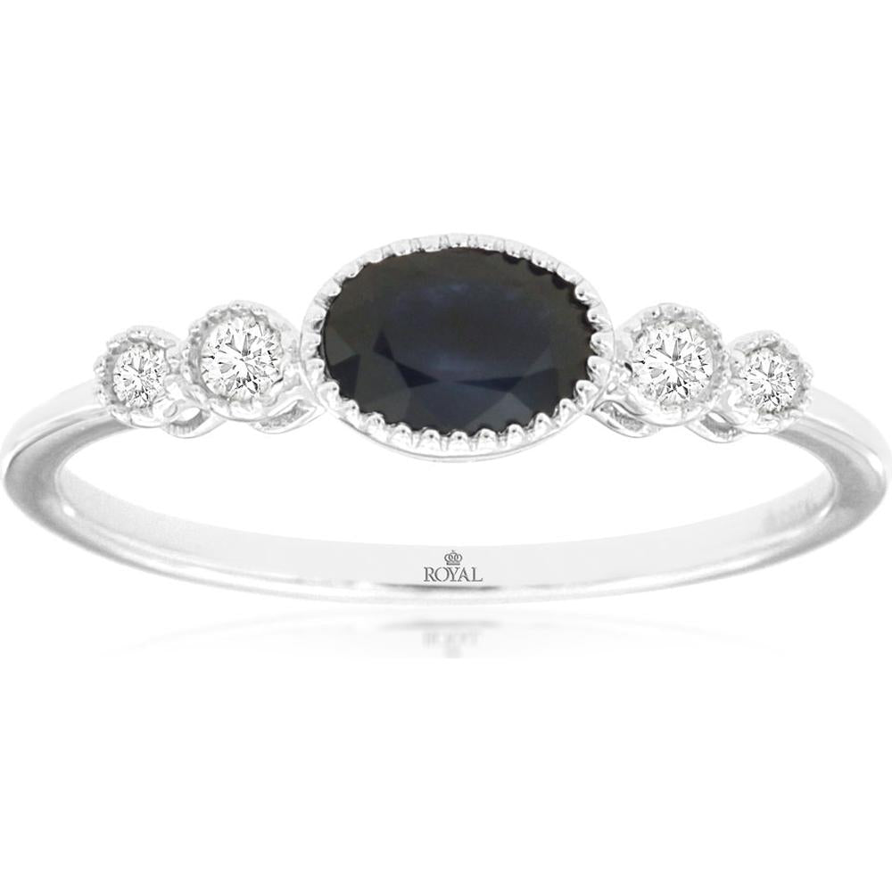 14K White Gold Sapphire & Diamond 3-Stone Ring - 0.65 Carats Sapphire, 0.18 Carats Total Diamond Weight