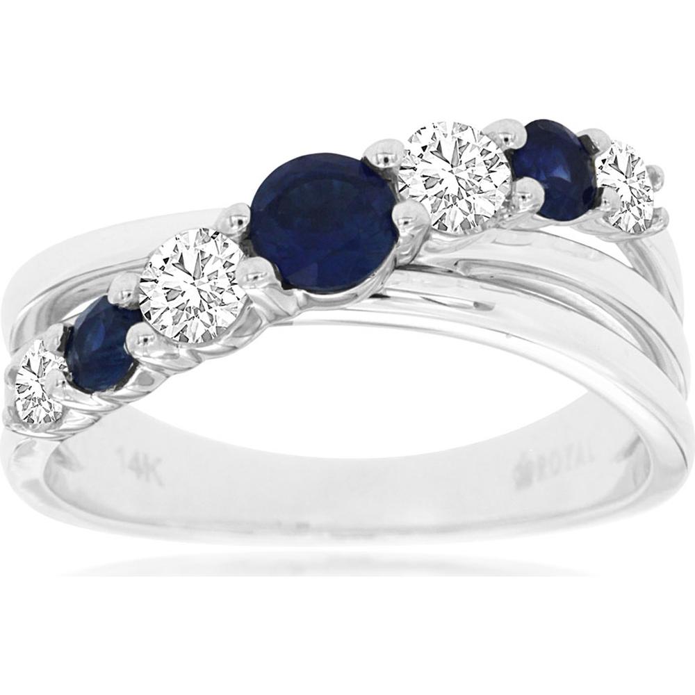 14K White Gold Sapphire and Diamond 3-Stone Ring with Round Cut Sapphires - 1.17 Carats Total Sapphire Weight