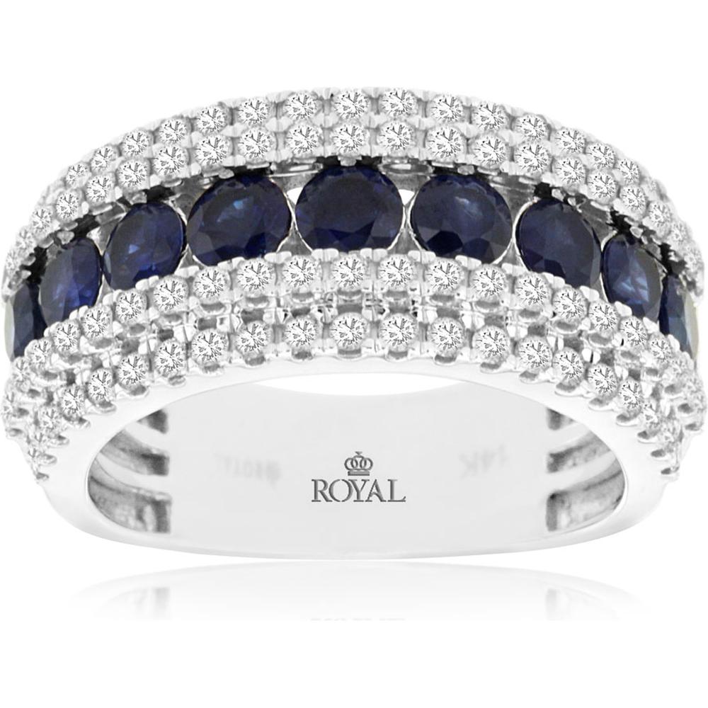 14K White Gold Sapphire and Diamond Band Ring - 1.22 Carats Sapphire, 0.80 Carats Total Diamond Weight