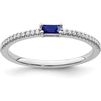 14K White Gold Sapphire and Diamond Band Ring with Baguette Sapphire and Round Diamonds - 0.09 Carat Sapphire, 0.08 Carat Total Diamond Weight by 0