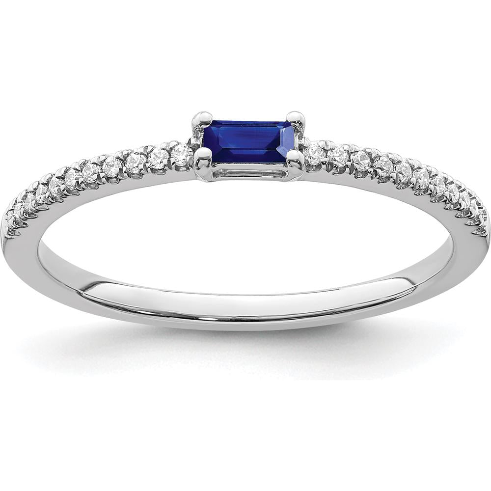 14K White Gold Sapphire and Diamond Band Ring with Baguette Sapphire and Round Diamonds - 0.09 Carat Sapphire, 0.08 Carat Total Diamond Weight by 0