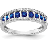 14K White Gold Sapphire and Diamond Band Ring with Channel Set Round Sapphires and Prong Set Diamond Borders - 1.0 Carat Total Gem Weight by 0