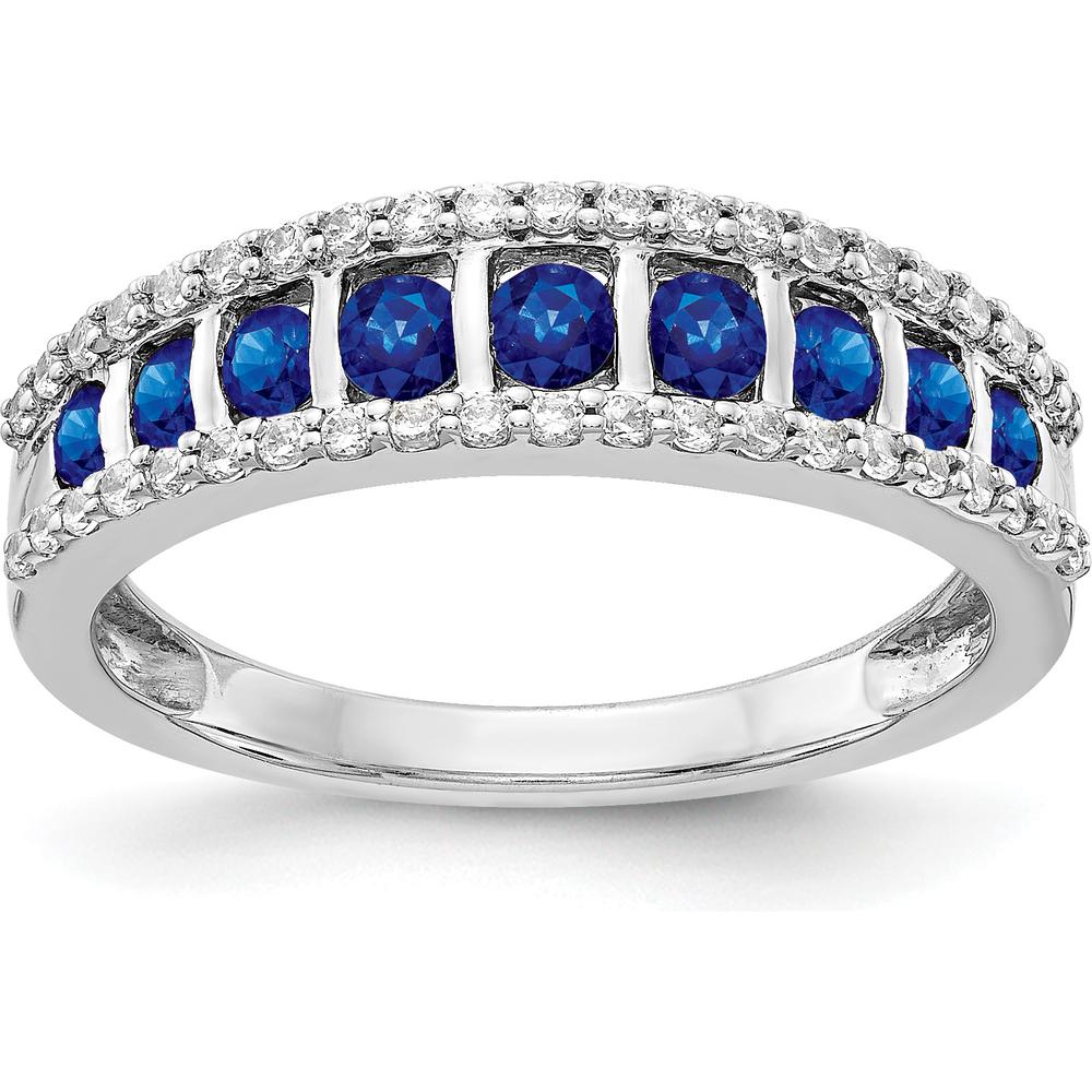 14K White Gold Sapphire and Diamond Band Ring with Channel Set Round Sapphires and Prong Set Diamond Borders - 1.0 Carat Total Gem Weight by 0