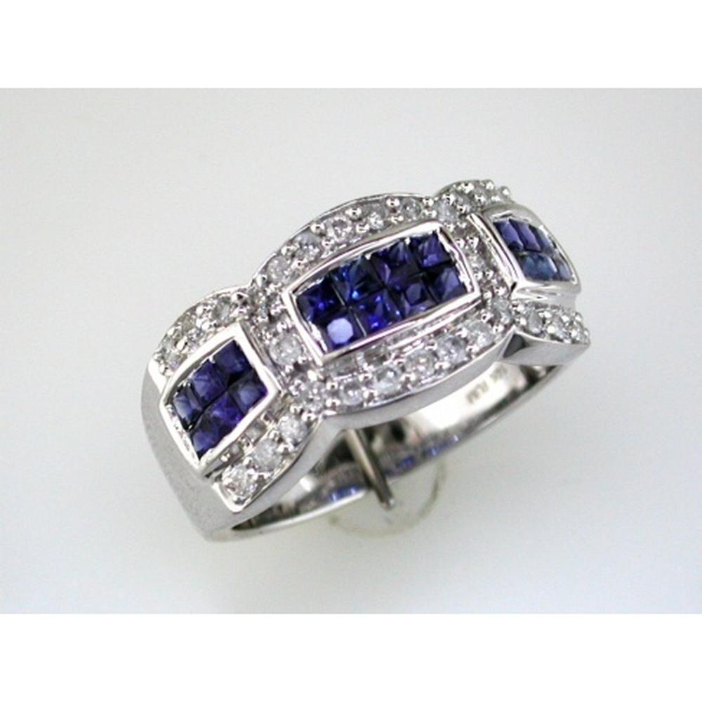 14K White Gold Sapphire and Diamond Band Ring with Princess Cut Sapphires and Round Diamonds - 1.2 Carats Total Gem Weight