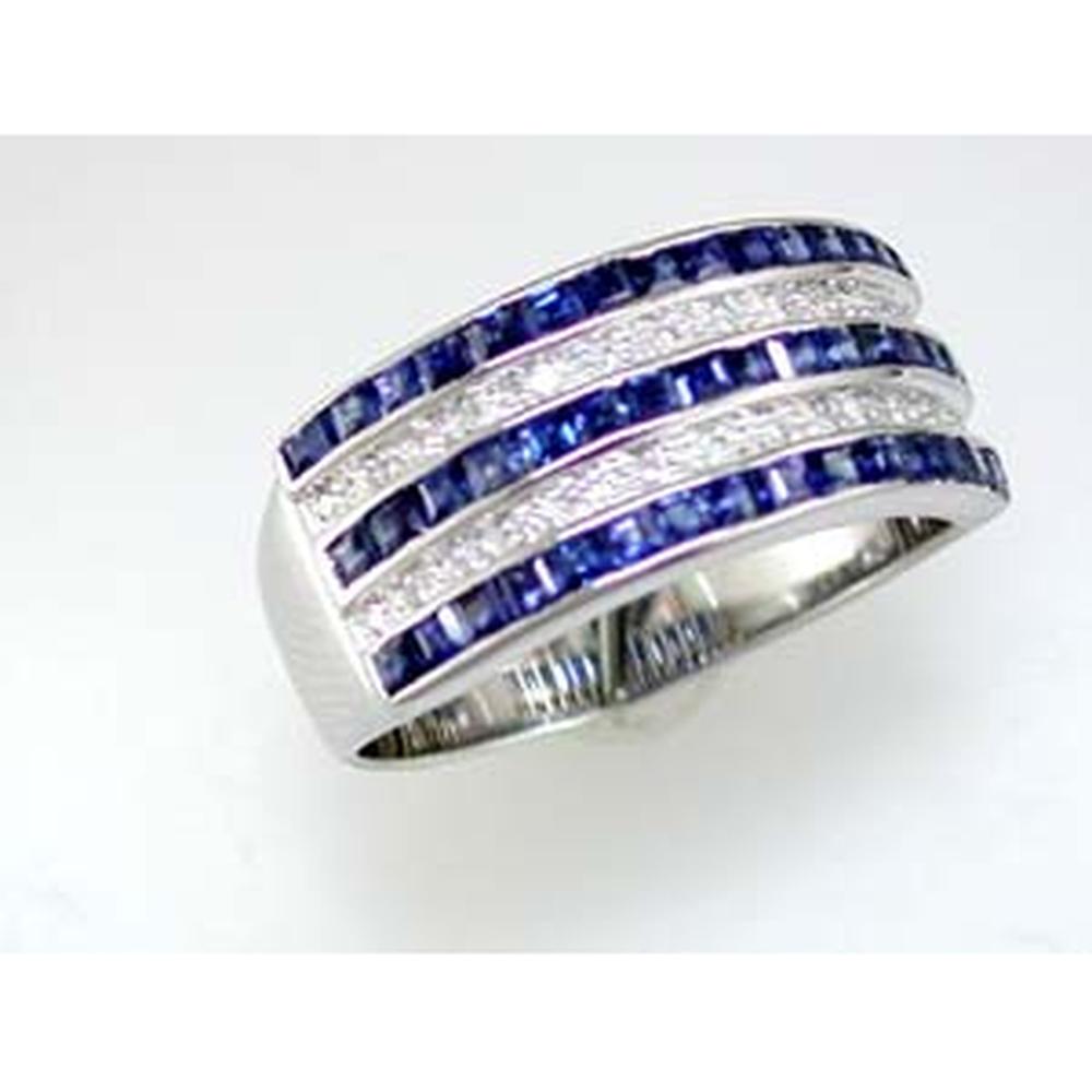 14K White Gold Sapphire & Diamond Band Ring with Princess-Cut Sapphires and Round Diamonds - 1.42 Carats Total Gem Weight