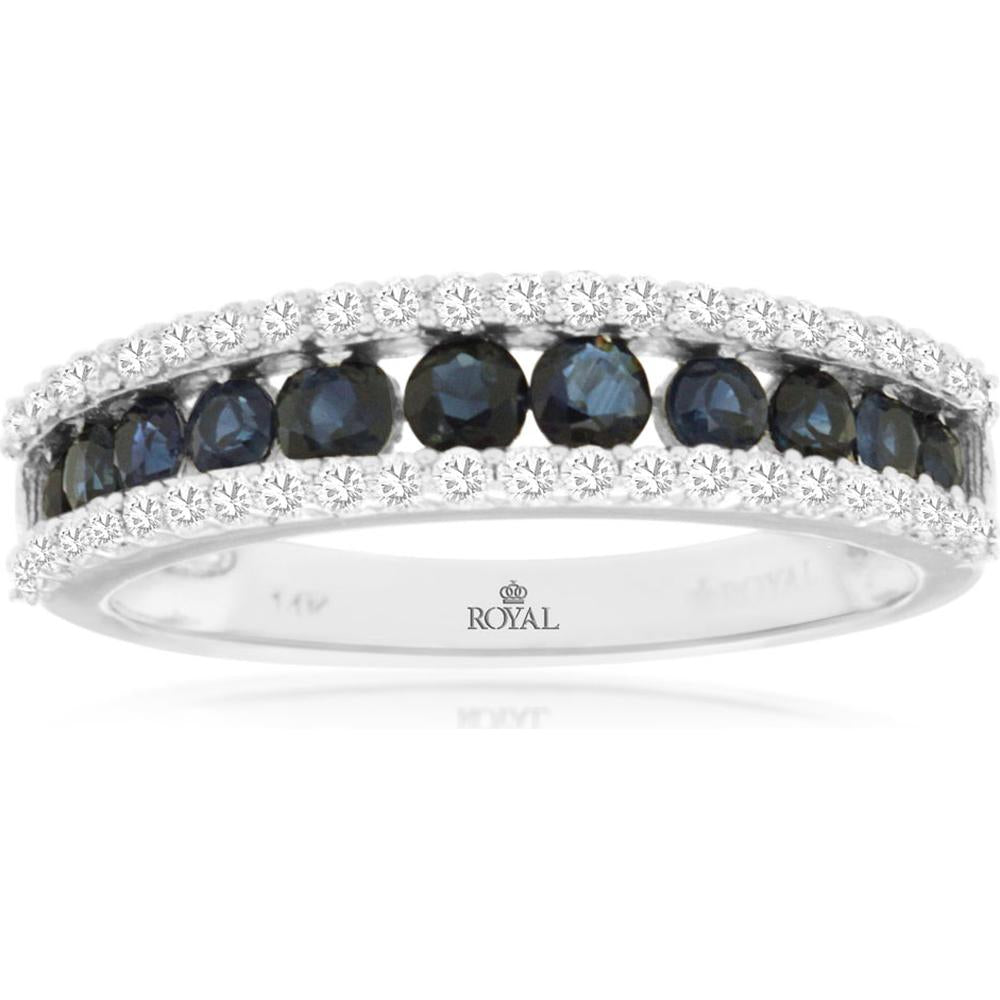14K White Gold Sapphire and Diamond Band with Channel Set Round Sapphires and Milgrain Detail - 0.90 Carat Sapphire Total Weight, 0.38 Carat Diamond Total Weight - Royal Jewelry