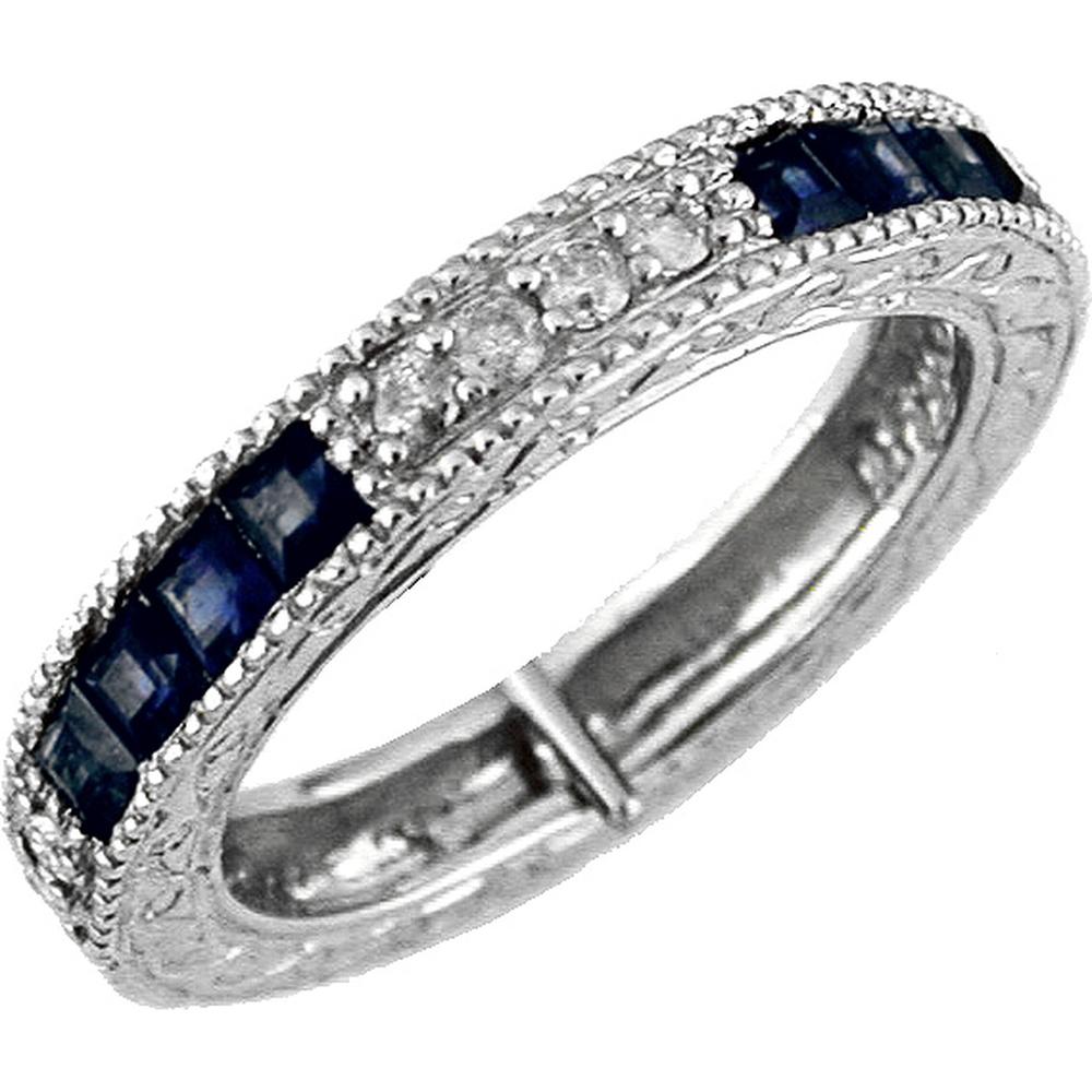 14K White Gold Sapphire and Diamond Band with Princess Cut Sapphires and Round Diamonds - 0.70 Carat Total Sapphire Weight and 0.15 Carat Total Diamond Weight - Royal Jewelry