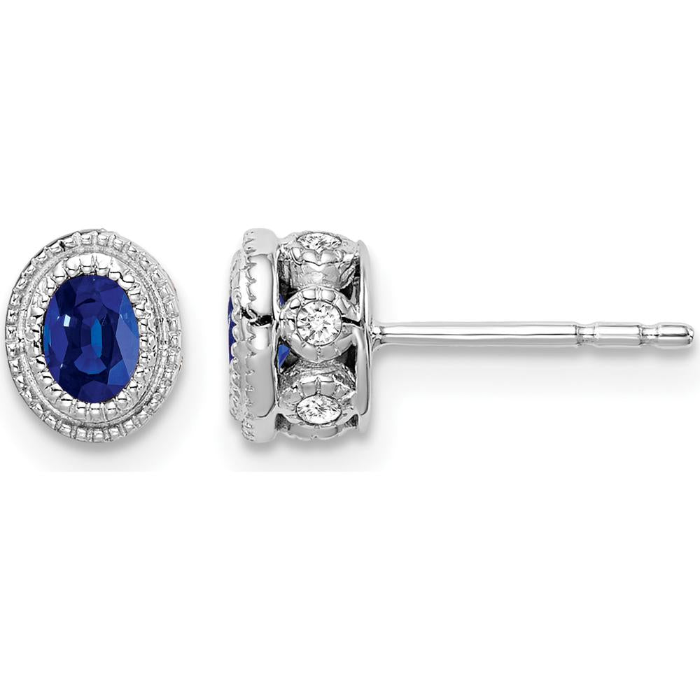 14K White Gold Sapphire and Diamond Button Earrings with Oval Sapphires - 0.38 Carat Total Sapphire Weight, 0.12 Carat Total Diamond Weight by Monteluci Fine Jewelry