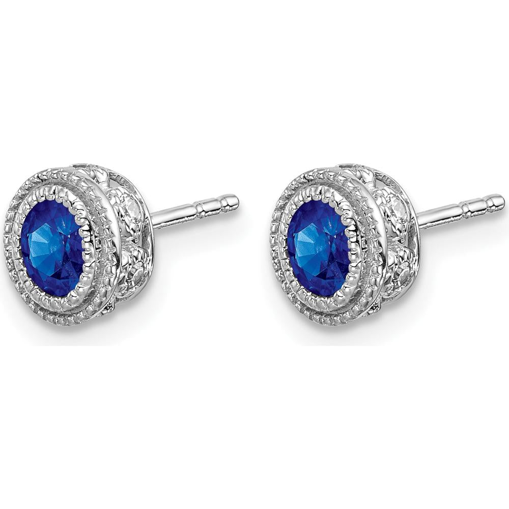 14K White Gold Sapphire and Diamond Button Earrings with Oval Sapphires - 0.38 Carat Total Sapphire Weight, 0.12 Carat Total Diamond Weight by Monteluci Fine Jewelry