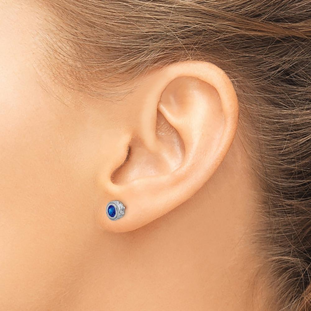 14K White Gold Sapphire and Diamond Button Earrings with Oval Sapphires - 0.38 Carat Total Sapphire Weight, 0.12 Carat Total Diamond Weight by Monteluci Fine Jewelry