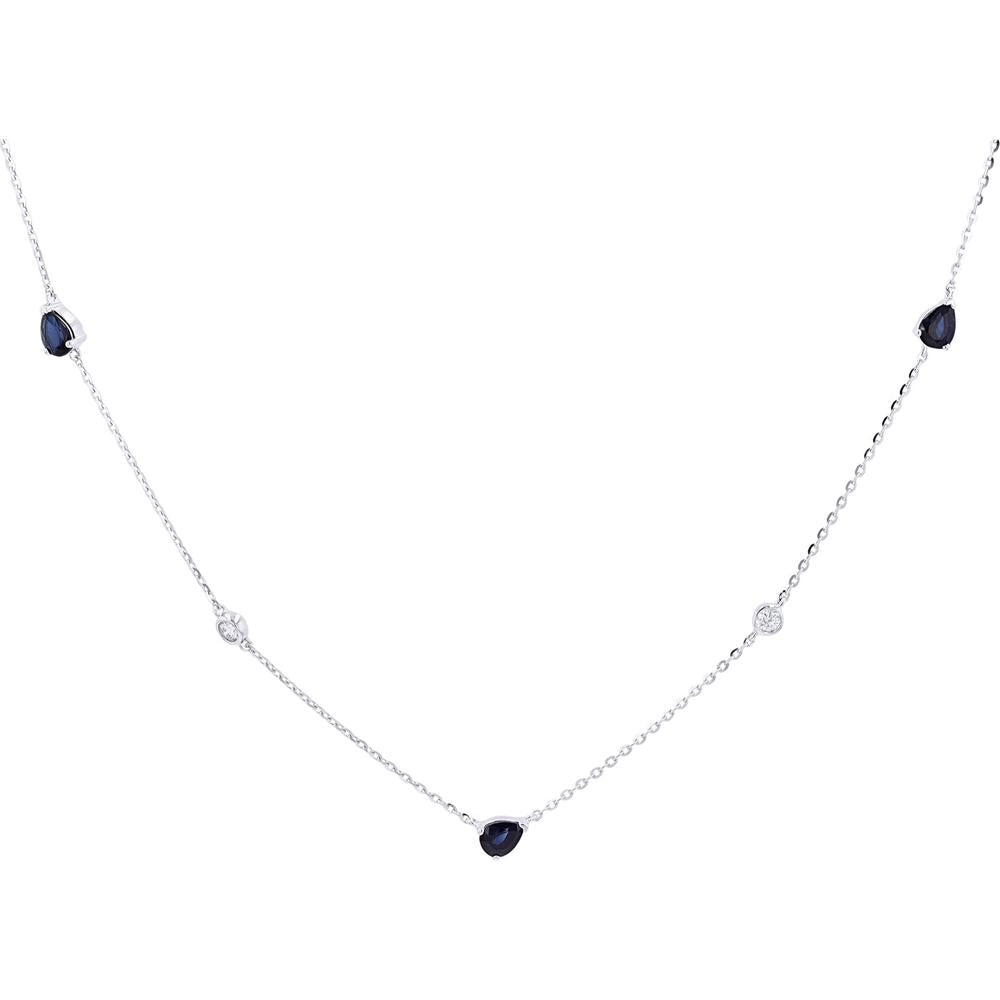 14K White Gold Sapphire & Diamond By The Yard Necklace - 0.50 Carats Sapphire, 0.07 Carats Total Diamond Weight