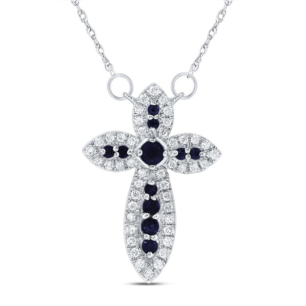 14K White Gold Sapphire and Diamond Cross 18-Inch Necklace - 1/2 Carat Total Gemstone Weight