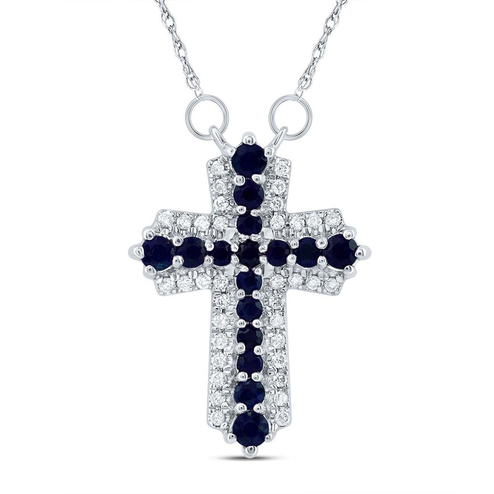 14K White Gold Sapphire and Diamond Cross 18-Inch Necklace - 5/8 Carat Total Gemstone Weight