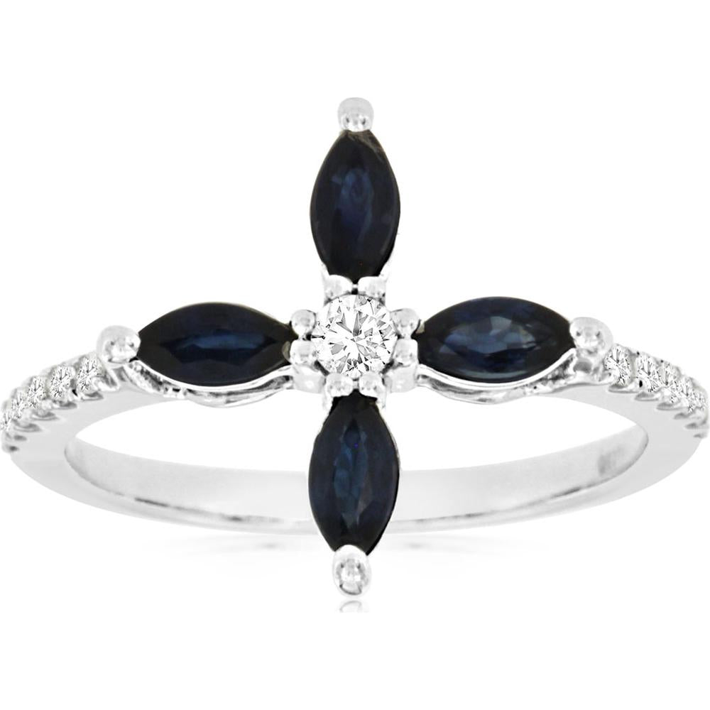 14K White Gold Sapphire & Diamond Cross Ring with Marquise Cut Sapphires - 0.93 Carats Total Sapphire Weight, 0.17 Carats Total Diamond Weight