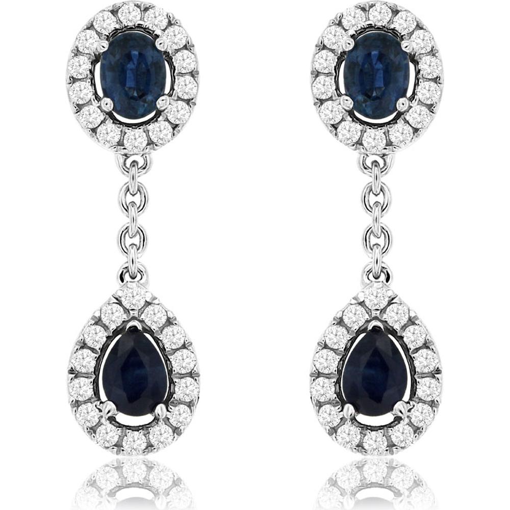 14K White Gold Sapphire and Diamond Drop Earrings - 1.16 Carats Total Gemstone Weight