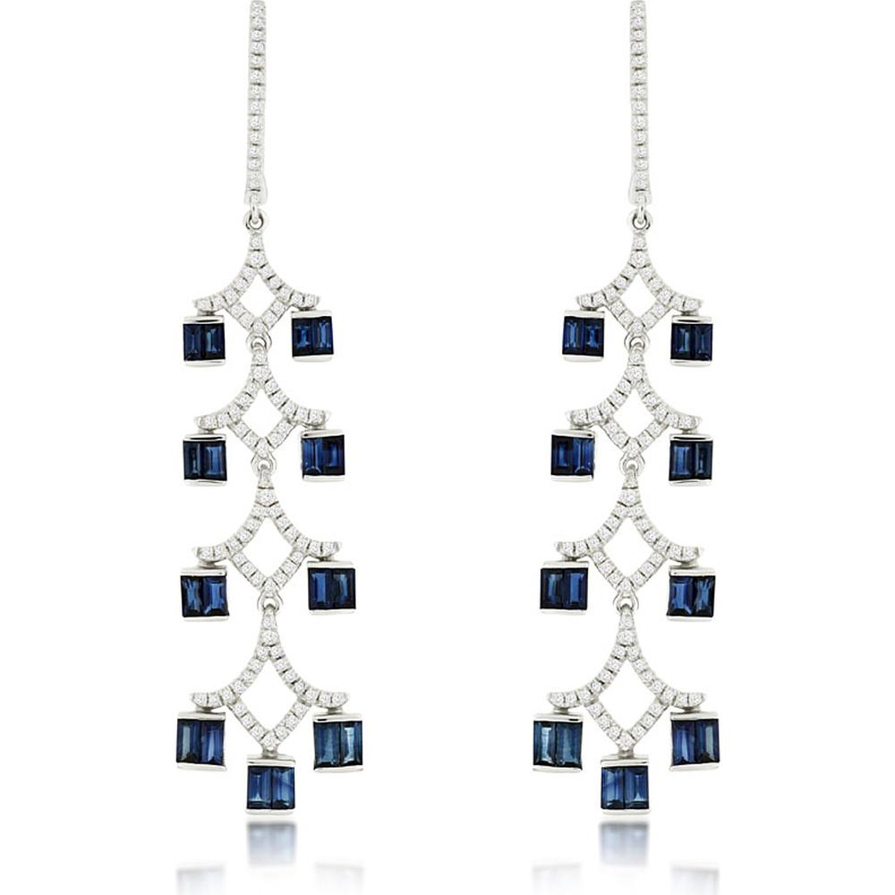 14K White Gold Sapphire and Diamond Drop Earrings with Baguette Sapphires - 2.15 Carats Total Sapphire Weight