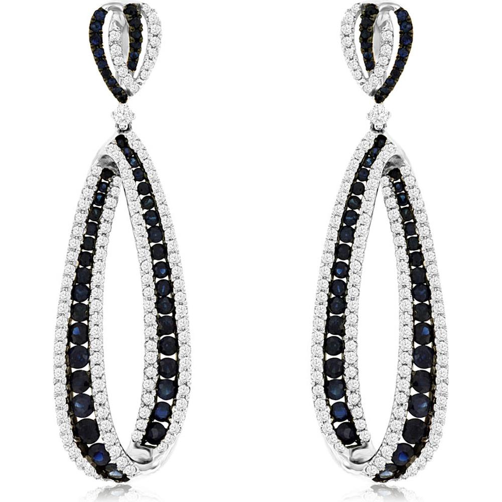 14K White Gold Sapphire and Diamond Drop Earrings with Pavé Set Round Cut Stones - 3.50 Carat Sapphire and 1.95 Carat Diamond Total Weight - Royal Jewelry