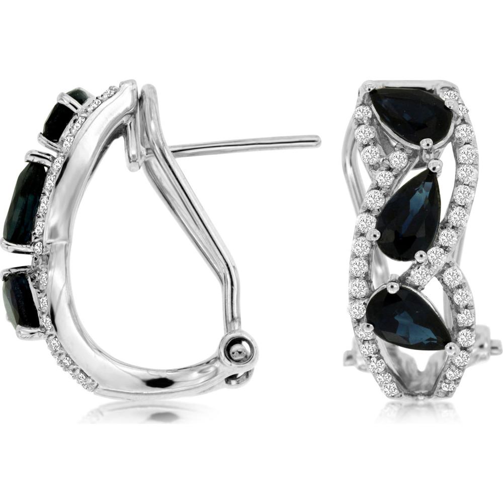 14K White Gold Sapphire & Diamond Drop Earrings with Pear-Shaped Sapphires and Diamond Halo - 1.87 Carats Total Gem Weight