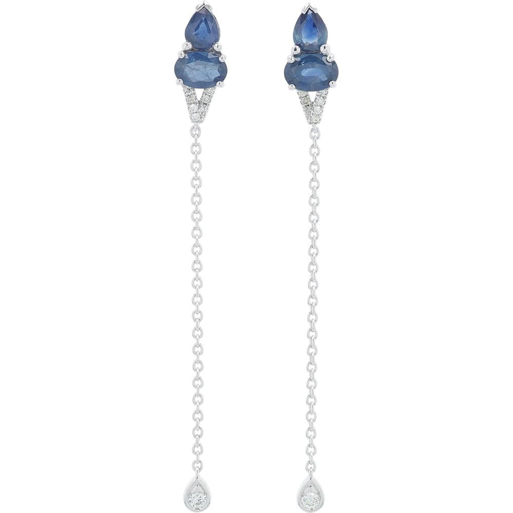 14K White Gold Sapphire and Diamond Drop Earrings with Teardrop and Oval Shaped Sapphires - 1.25 Carat Total Sapphire Weight