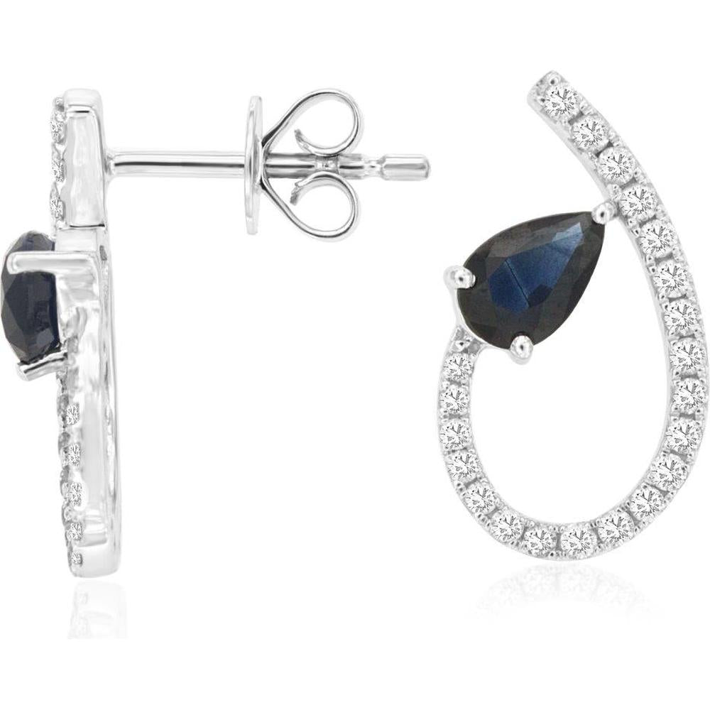 14K White Gold Sapphire & Diamond Earrings - 1 Carat Sapphire, 0.33 Carat Diamond Total Weight