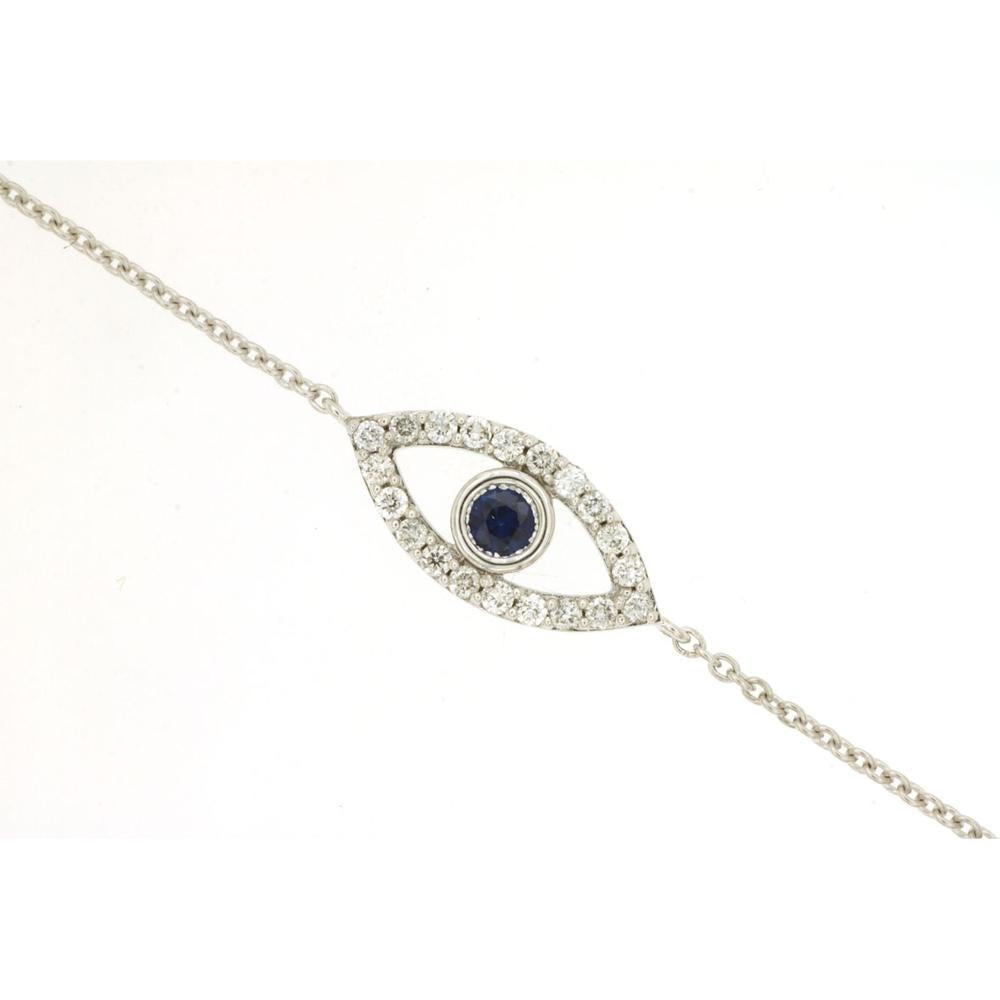 14K White Gold Sapphire and Diamond Eye Motif Bracelet with Round Sapphire Center and Diamond Accent Frame - 0.14 Carat Sapphire Weight and 0.23 Carat Total Diamond Weight - Royal Jewelry