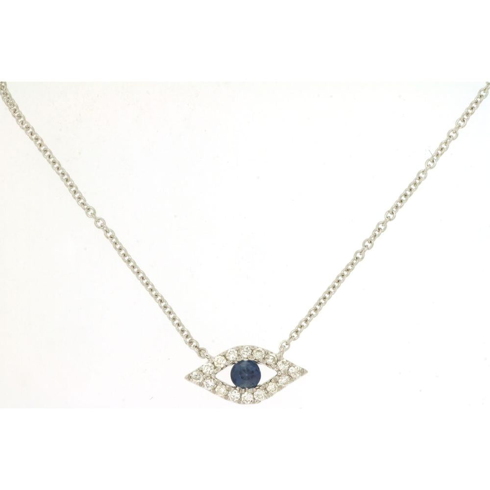 14K White Gold Sapphire and Diamond Eye Motif Necklace with Round Blue Sapphire Center and Diamond Accents - 0.11 Carat Sapphire Weight and 0.09 Carat Total Diamond Weight - Royal Jewelry