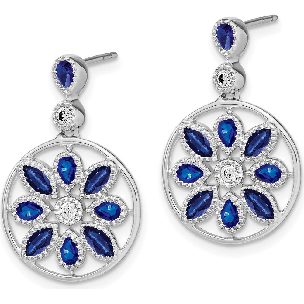 14K White Gold Sapphire and Diamond Floral Dangle Earrings - 0.26 Carat Total Sapphire Weight, 0.12 Carat Total Diamond Weight by Monteluci Fine Jewelry