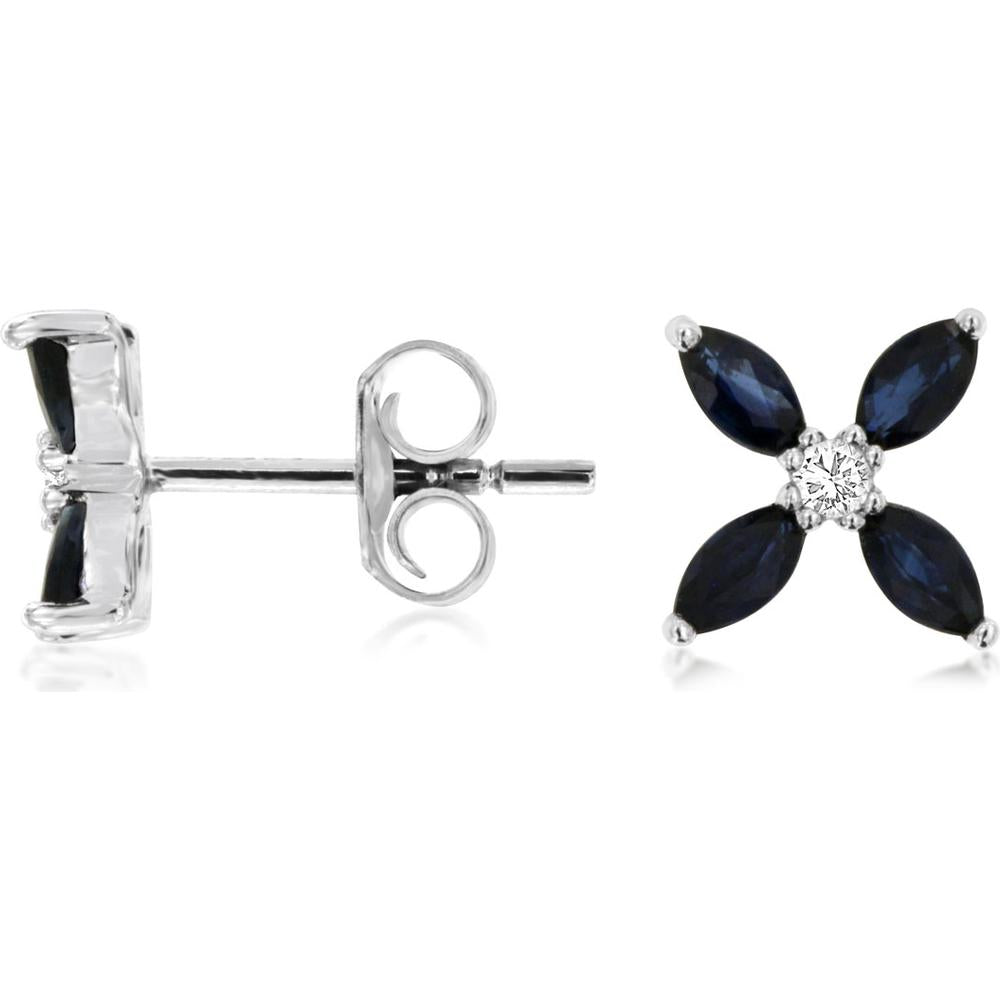14K White Gold Sapphire and Diamond Floral Stud Earrings - 0.36 Carats Sapphire, 0.10 Carats Diamond Total Carat Weight