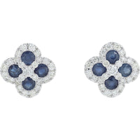 14K White Gold Sapphire and Diamond Flower Earrings with Milgrain Detail - 1.25 Carat Total Sapphire Weight, 0.65 Carat Total Diamond Weight