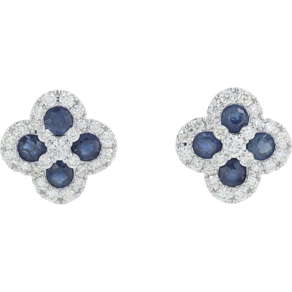 14K White Gold Sapphire and Diamond Flower Earrings with Milgrain Detail - 1.25 Carat Total Sapphire Weight, 0.65 Carat Total Diamond Weight