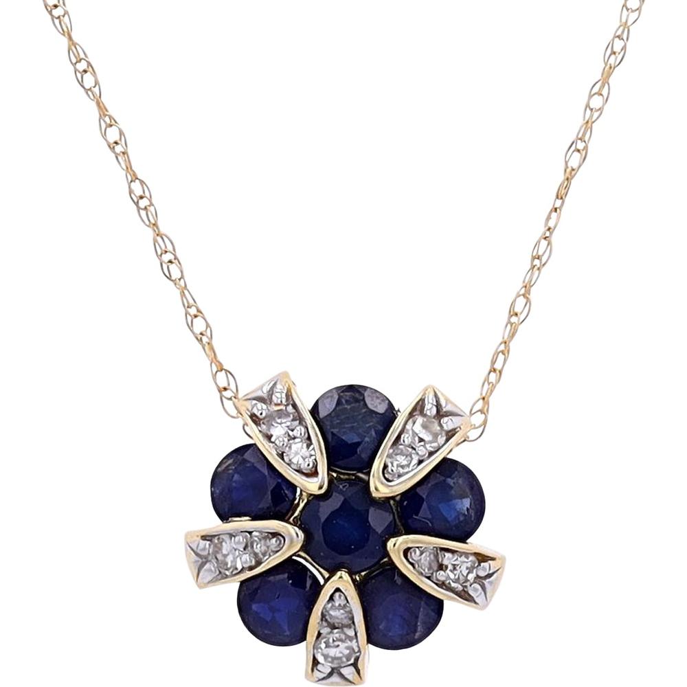 14K White Gold Sapphire and Diamond Flower Pendant - 0.09 Carats Diamond Total Weight