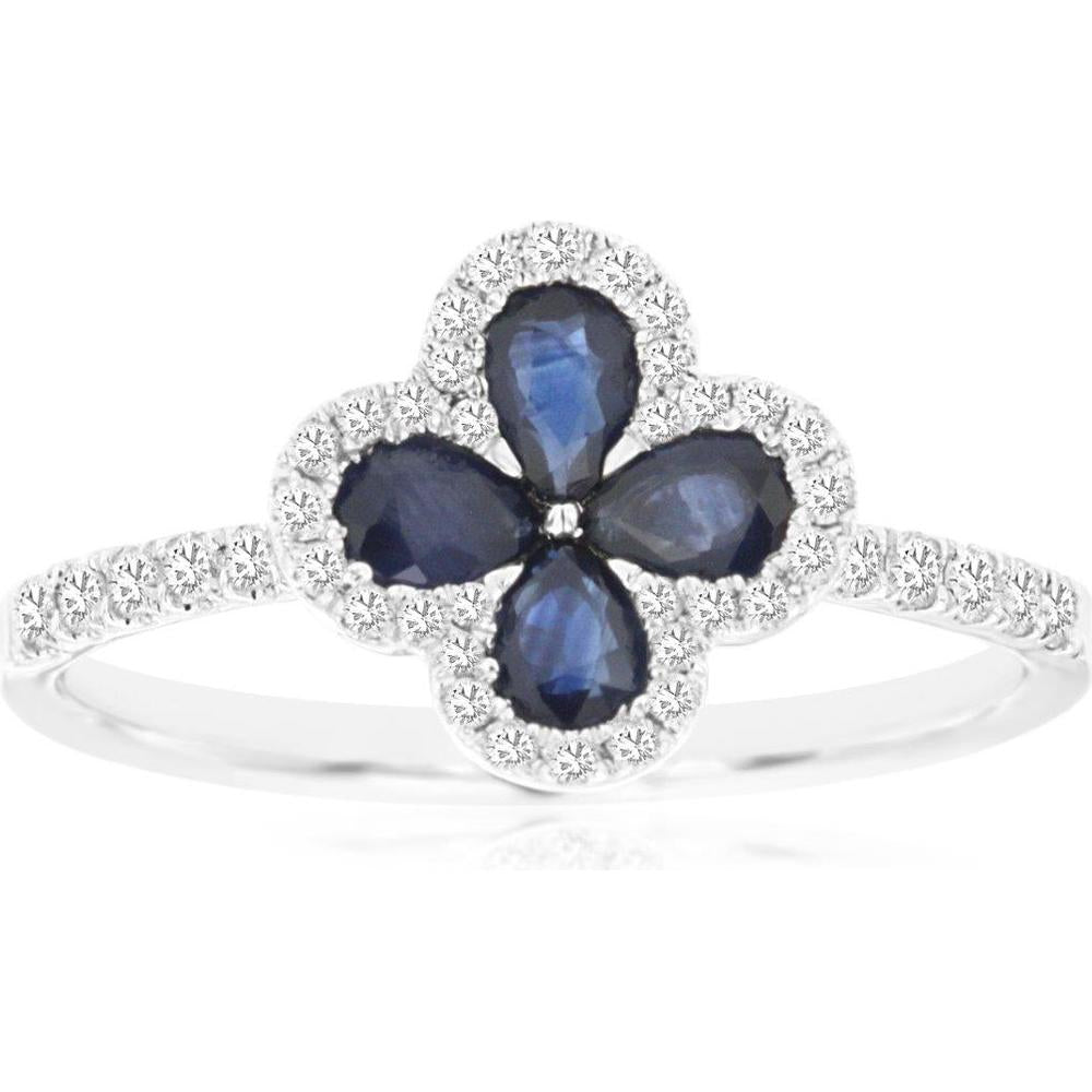 14K White Gold Sapphire and Diamond Flower Ring with 0.88 Carats Sapphire and 0.25 Carats Total Diamond Weight