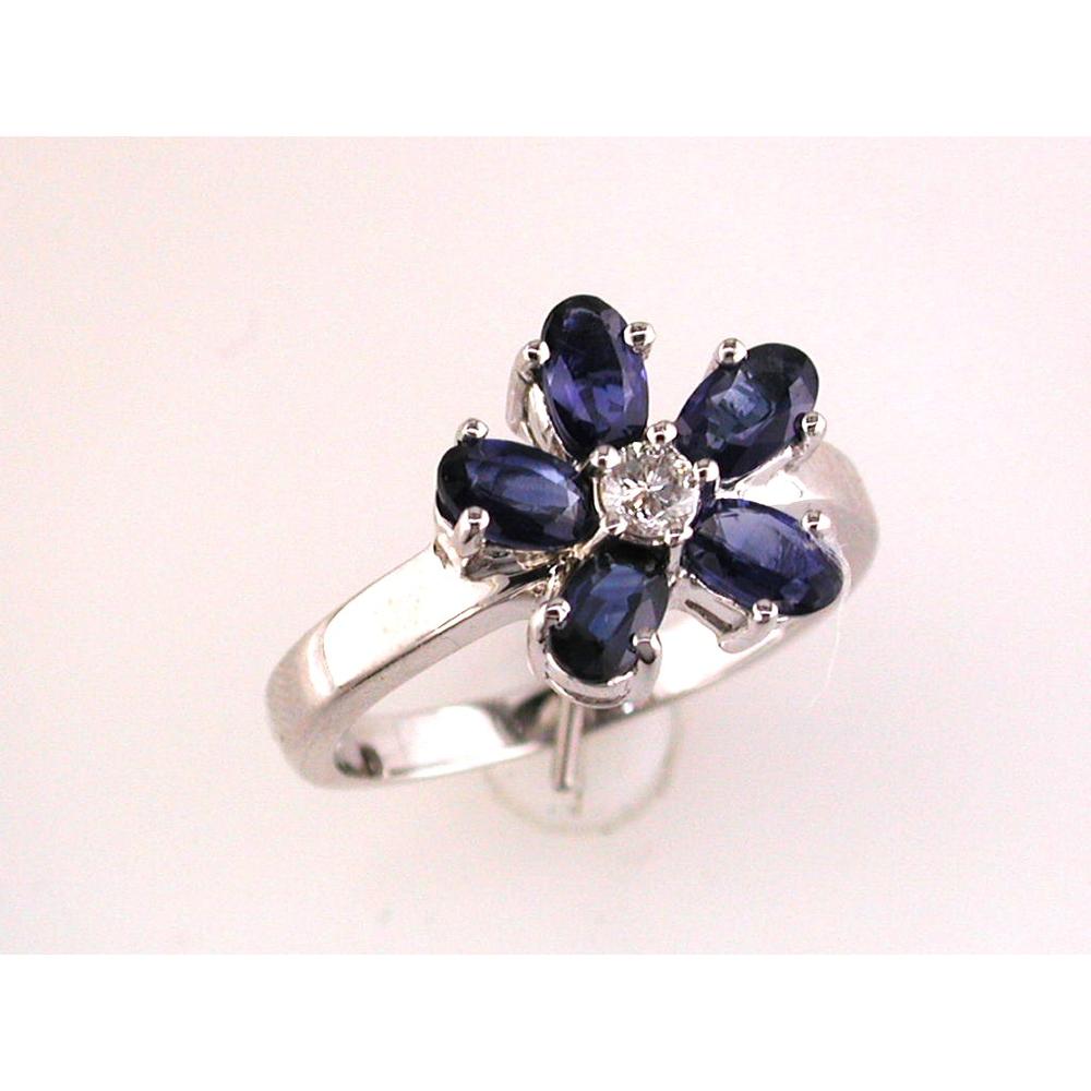 14K White Gold Sapphire & Diamond Flower Ring with Oval Sapphires and Round Diamond - 1.50 Carats Total Gem Weight