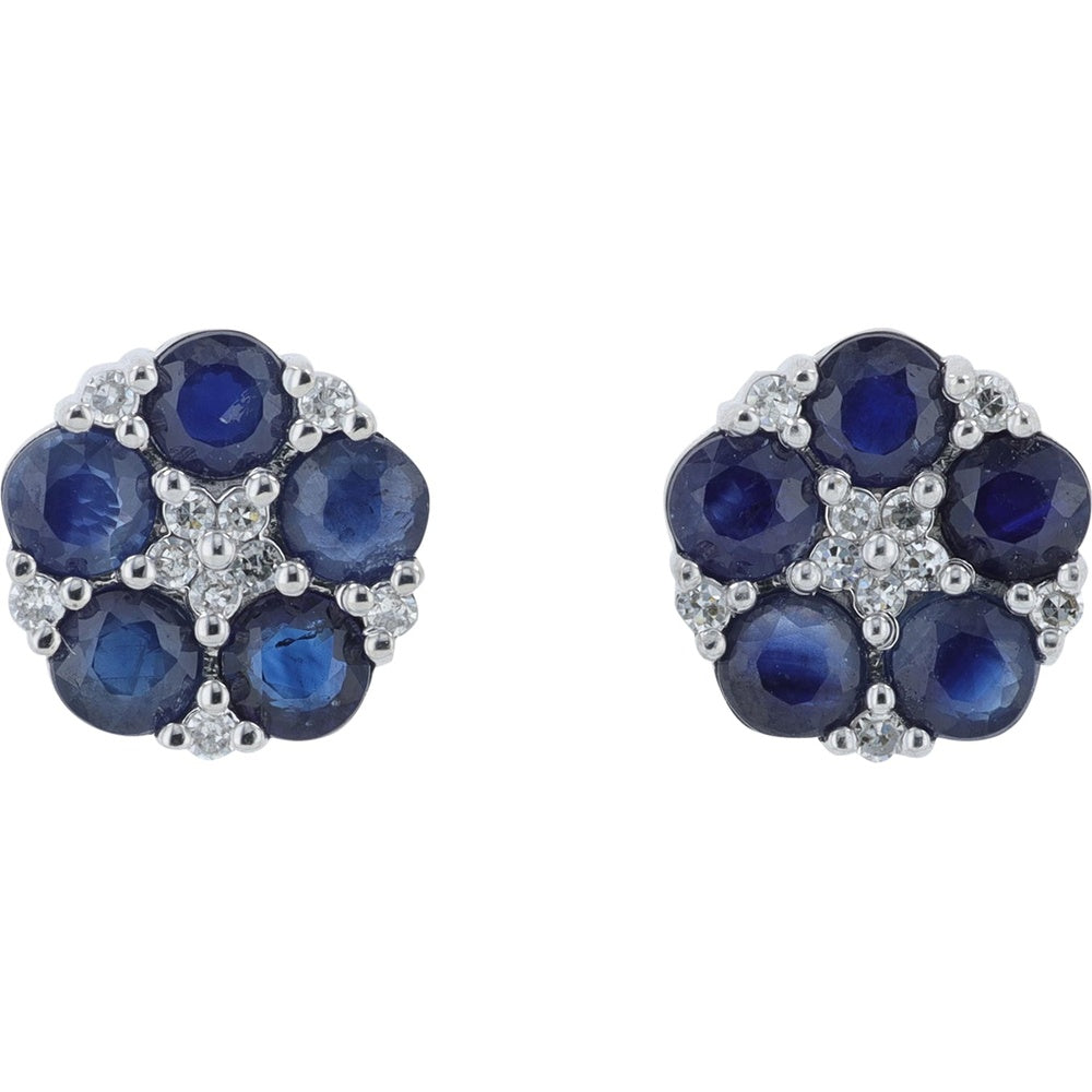 14K White Gold Sapphire and Diamond Flower Stud Earrings - 1.50 Carat Total Sapphire Weight and 0.08 Carat Total Diamond Weight