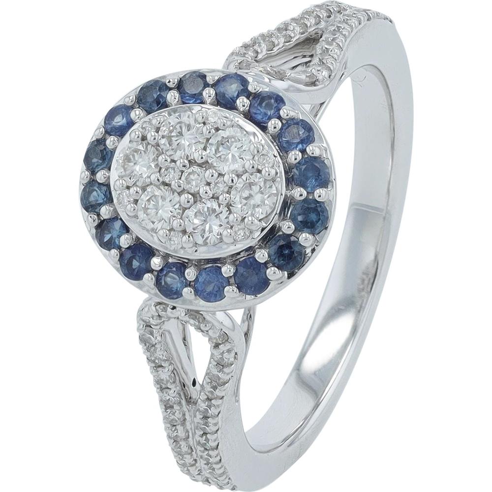 14K White Gold Sapphire and Diamond Halo Cluster Ring - 0.70 Carats Total Sapphire Weight, 0.80 Carats Total Diamond Weight